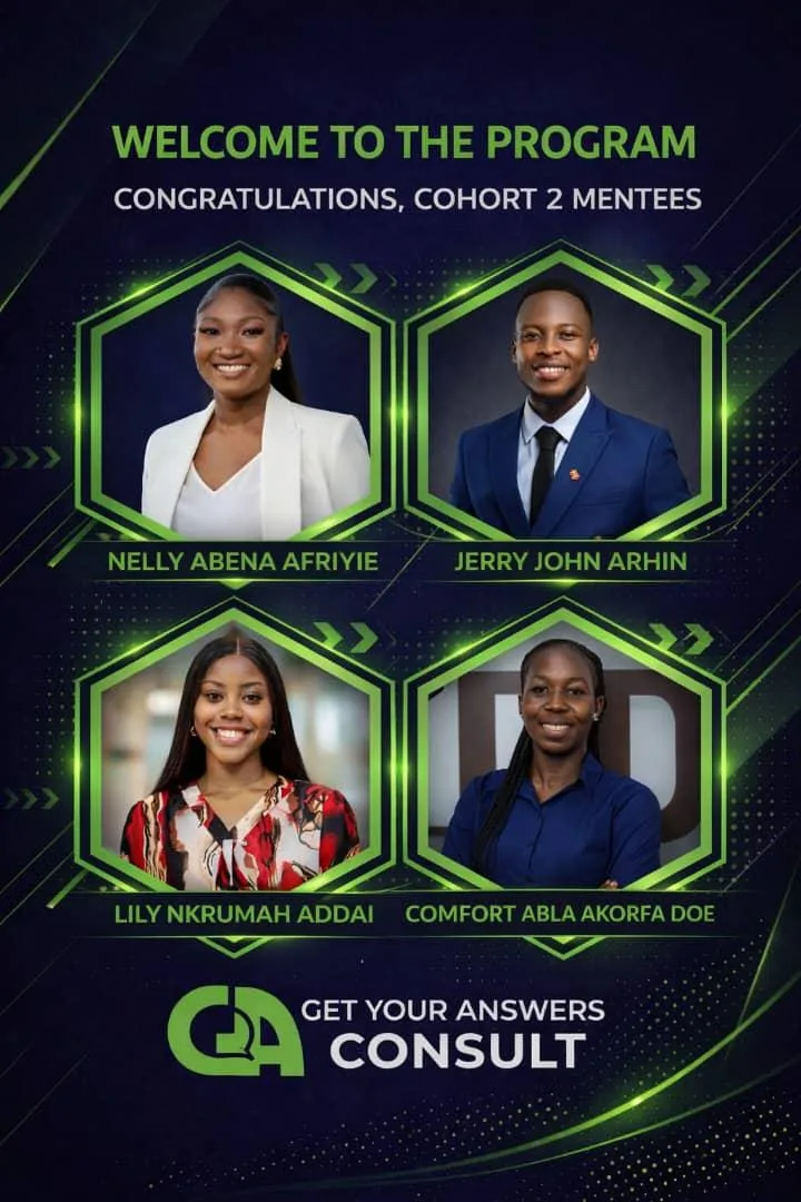 A group of four people are shown in a green background with their names and titles.
