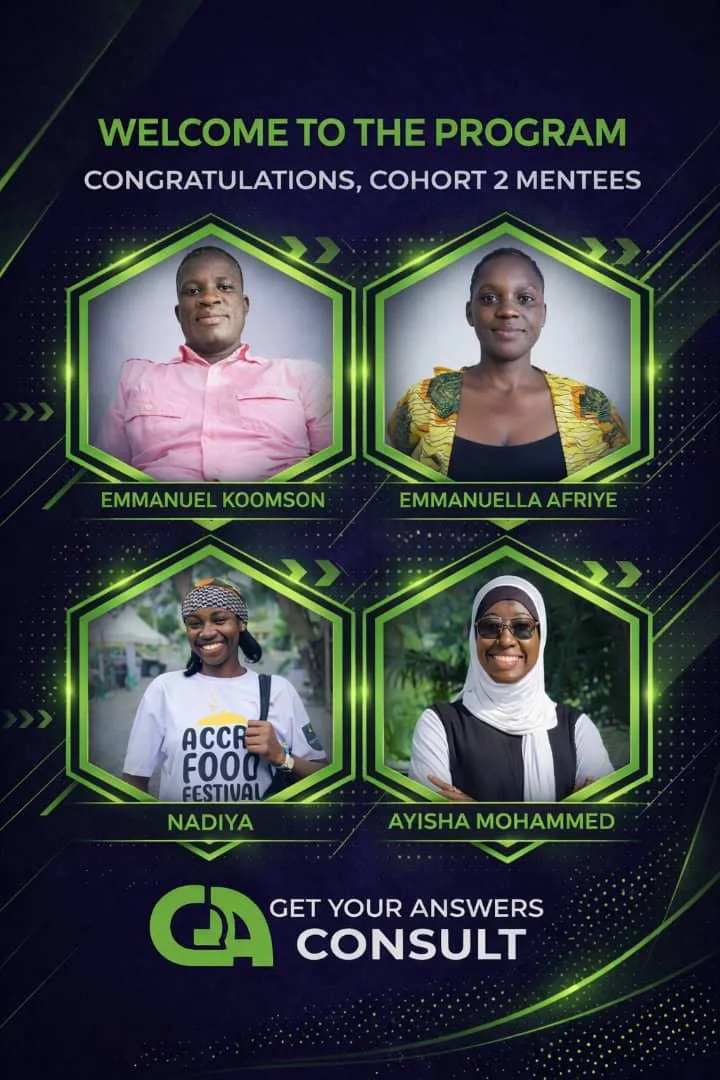 A group of four people are shown in a green background with their names and pictures.