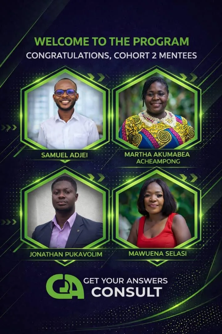 Four people are shown in a green background, each with a name and a title.