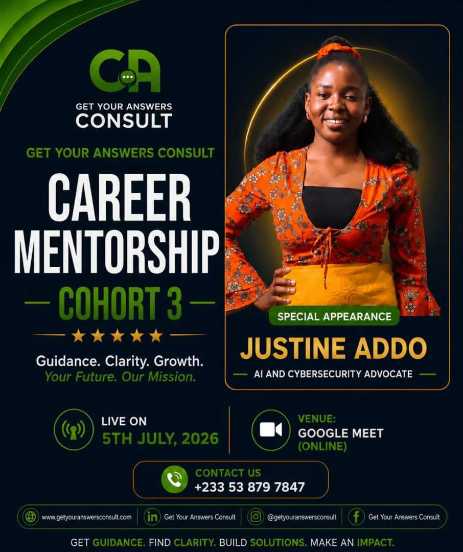 A woman in a yellow and orange dress is smiling and posing for a career mentorship poster.